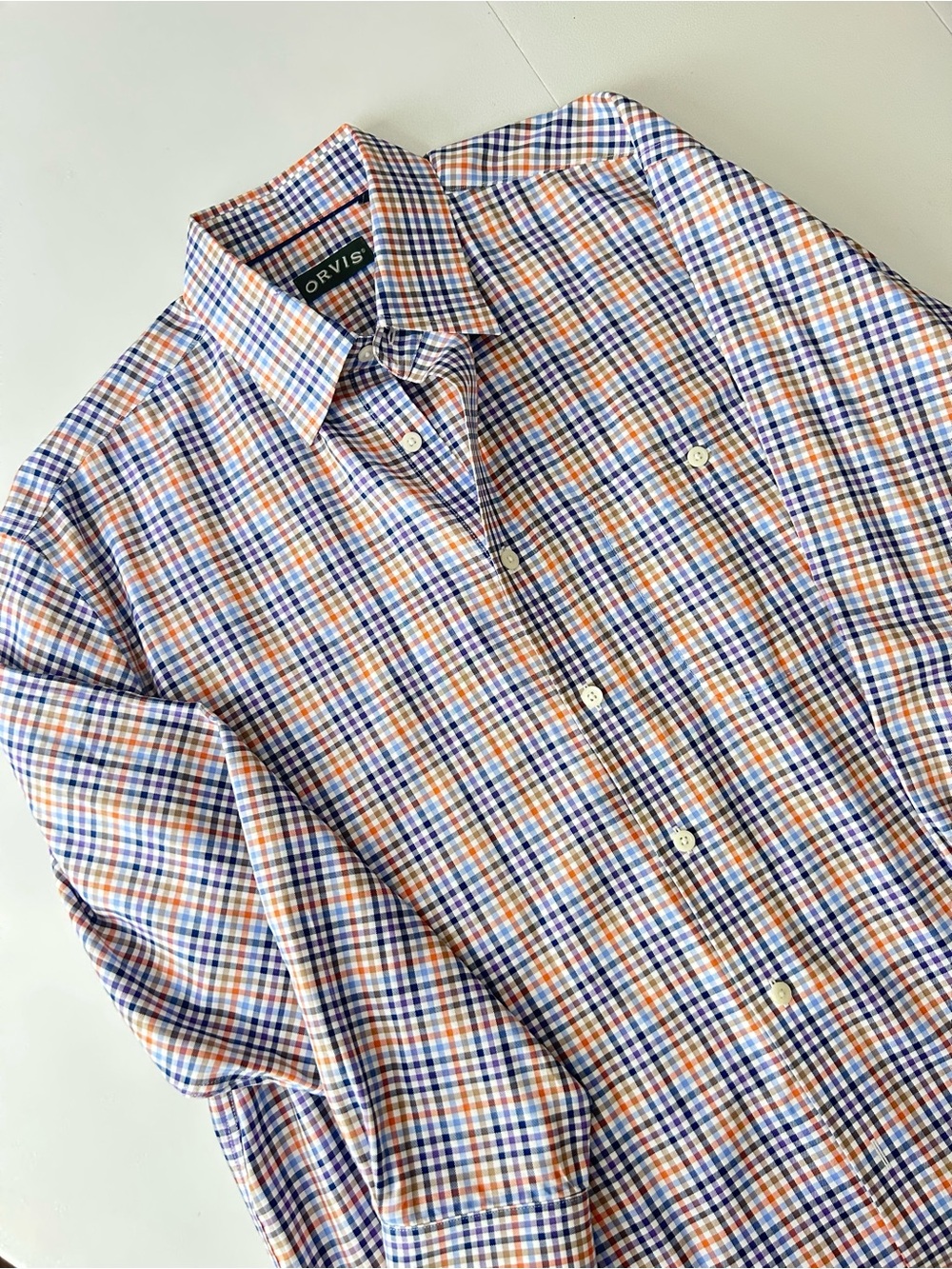 Orvis Men’s Wrinkle Free Orange, Purple Blue & White Plaid Button-Down Shirt